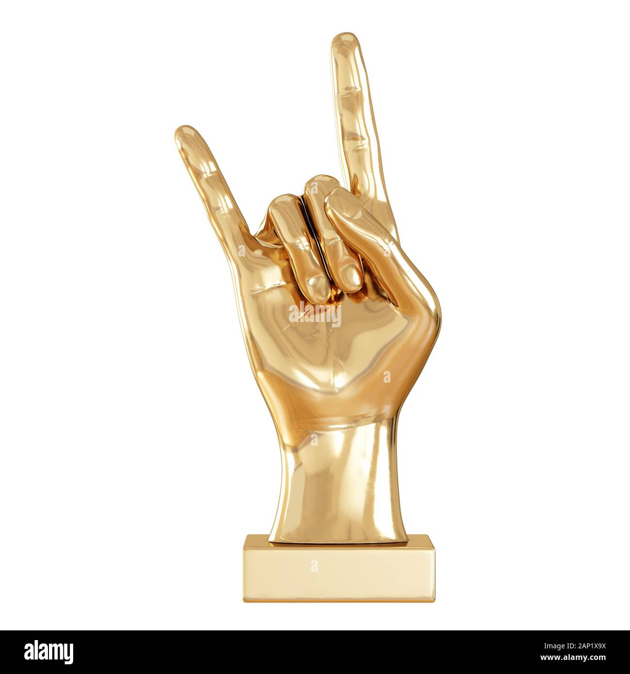 Eine goldene Figur aus einer Hand mit zwei Fingern auf weißem Hintergrund. Vorderansicht. 3D-Rendering Stockfoto