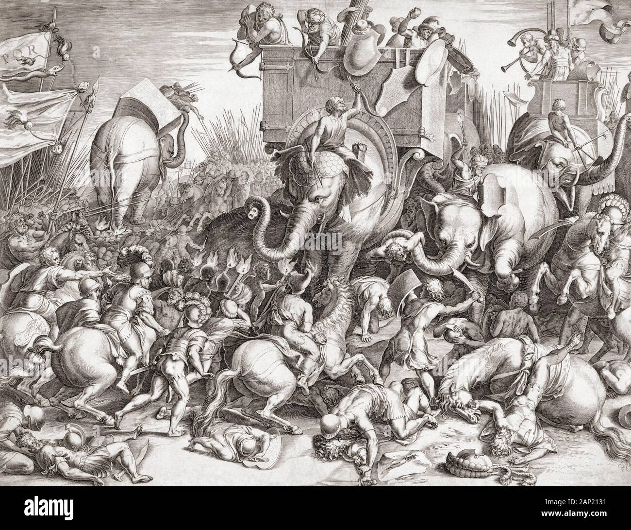 Die Schlacht von Zama 202 v. Chr.. Die Römer unter der Führung von Scipio besiegten die Karthager von Hannibal Barca während des Zweiten Punischen Krieges geführt. In diesem 16. Jahrhundert Gravur Hannibals Kriegselefanten Angriff der Römischen Kavallerie. Stockfoto