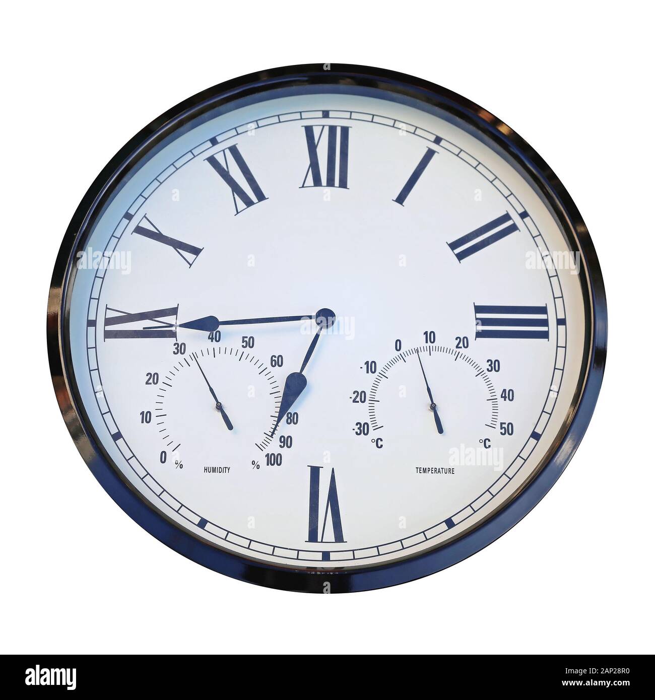 Uhr mit Thermometer und Hygrometer isoliert Stockfotografie Alamy