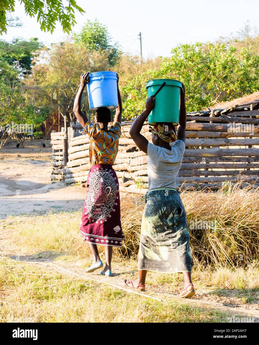 Zwei malawische Frauen laufen vom Brunnen mit Plastikeimer auf dem Kopf zu ihrem Dorf Stockfoto
