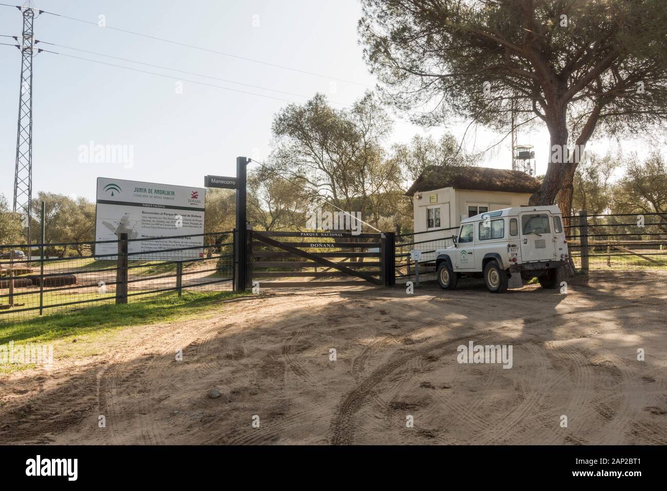 Eintritt der biologischen Station, Manecorro, Nationalpark Doñaña, Huelva, Spanien. Stockfoto