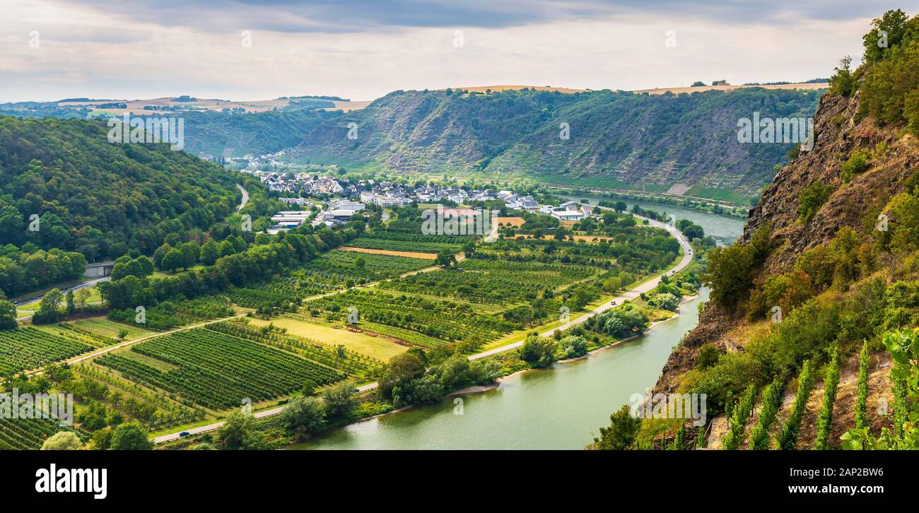 Blick auf ein stahlträger Brücke zwischen Hunsrück und Eifel erstreckt sich über die Mosel und die Weinberge Winninger Wein Region suchen. Stockfoto