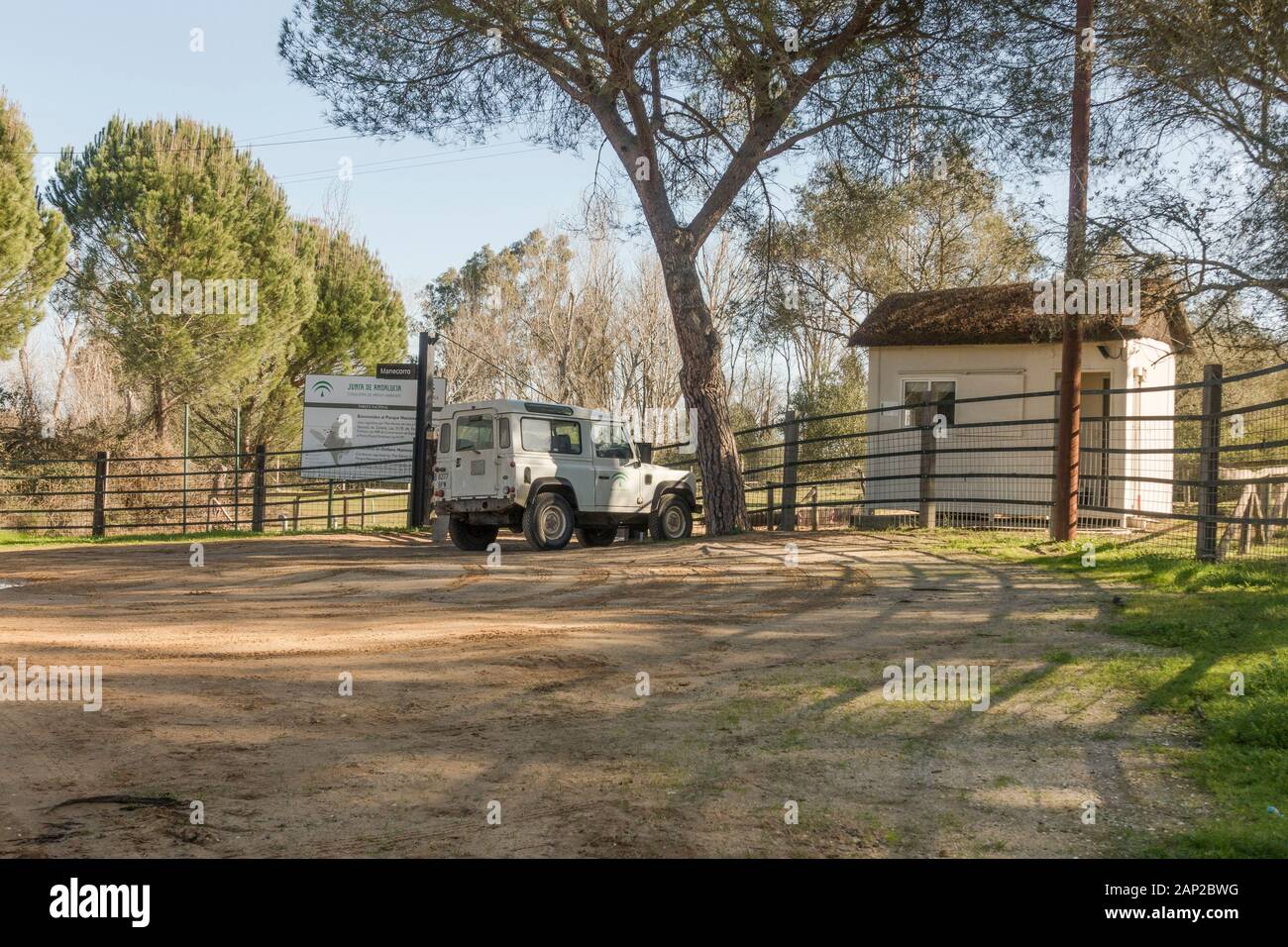 Eintritt der biologischen Station, Manecorro, Nationalpark Doñaña, Huelva, Spanien. Stockfoto