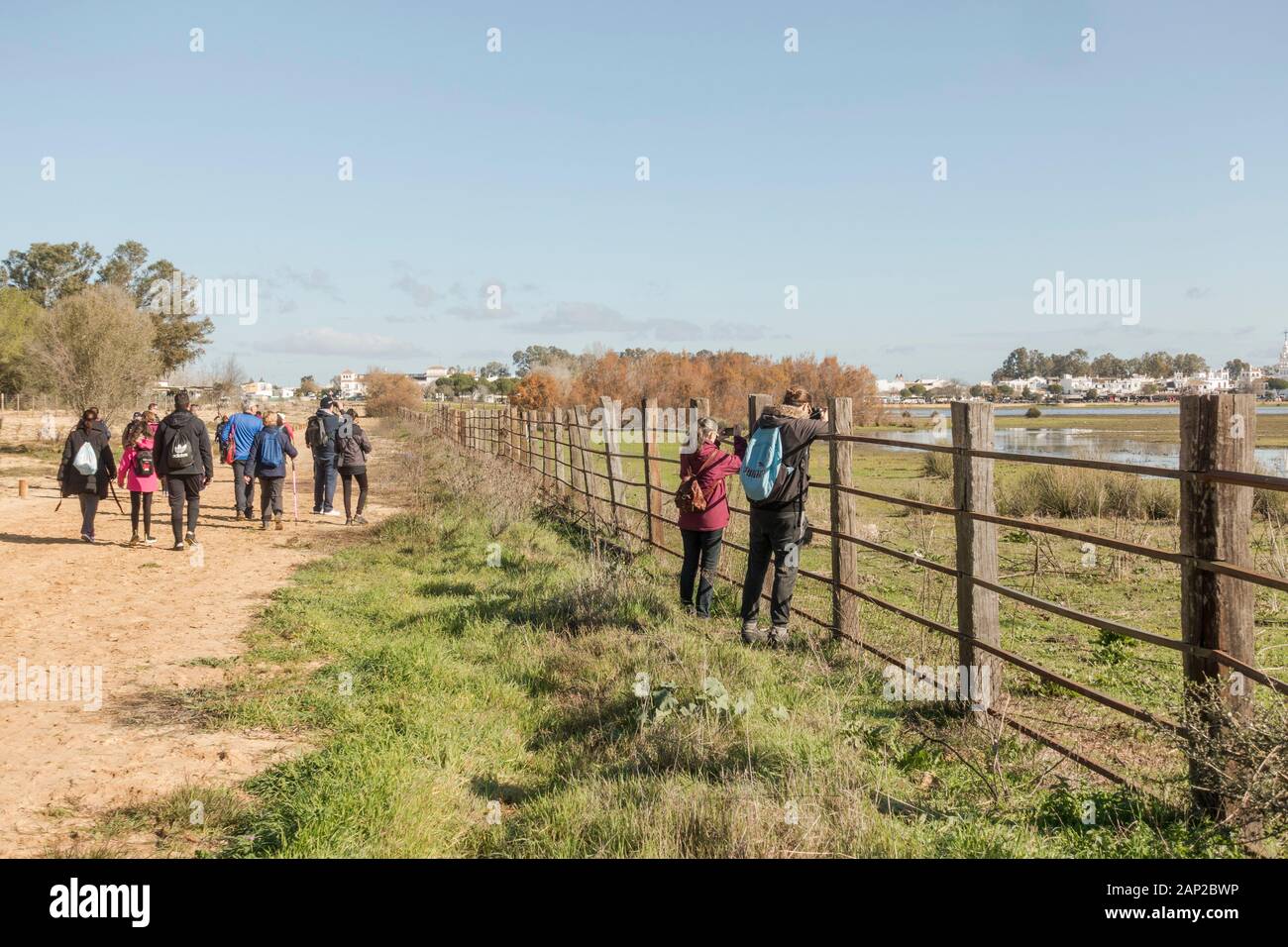 Gruppe von Menschen, die im Nationalpark Doñana wandern, mit el Rocio Dorf im Hintergrund, Andalusien, Spanien. Stockfoto