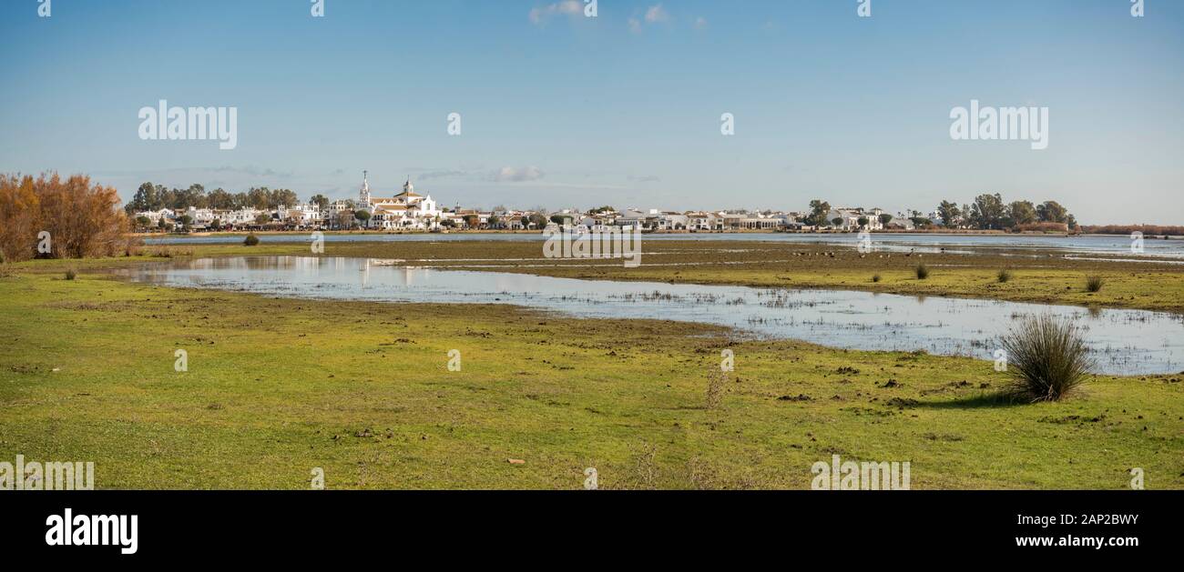 El Rocio Dorf, am Marismas, Nationalpark Doñana, Andalucia, Spanien, Europa Stockfoto