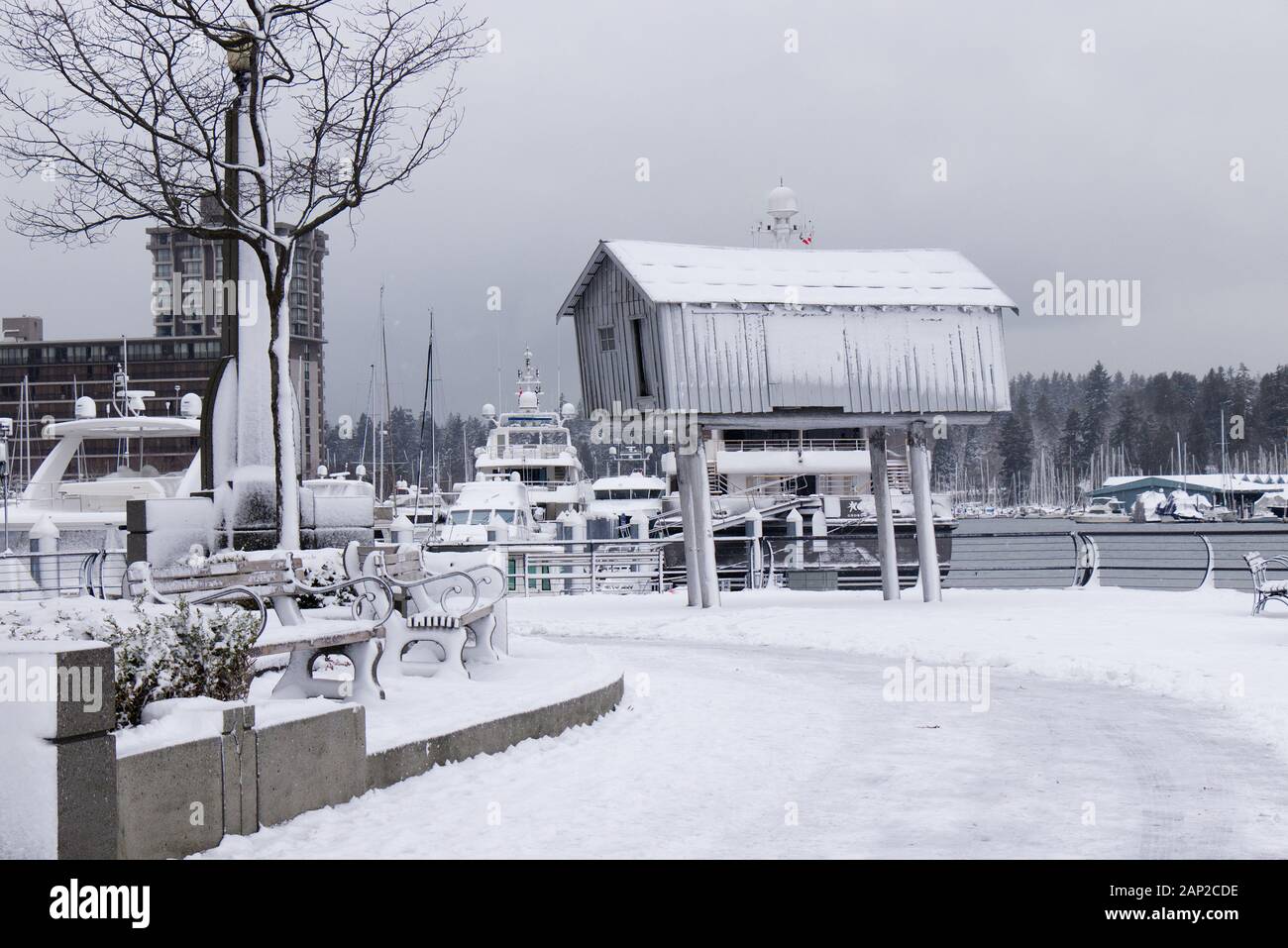 Vancouver, Kanada - 13. Januar 2020: Ein Blick auf die im Harbour Green Park vorgelegte Lichtschuppenskulptur. Stockfoto