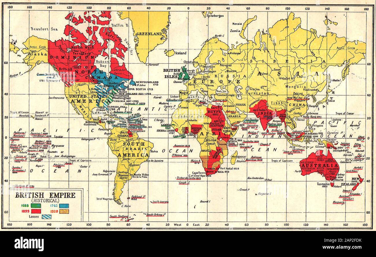 Eine farbige britische Empire Karte 1920 zeigt seine Expansion seit 1688 (und Verluste) mit den Daten Stockfoto