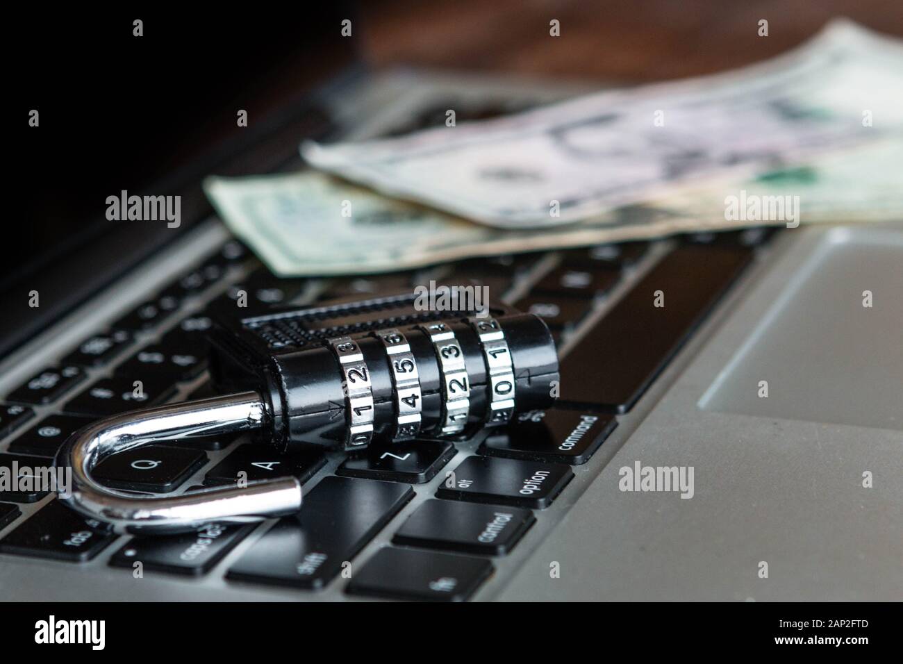 Vorhängeschloss und Geld auf einem Laptop. Online Security Konzept, Online-Banking, Anti Virus Stockfoto