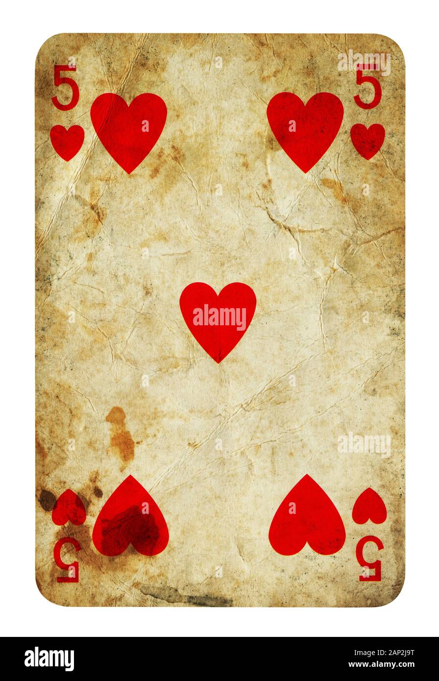 Fünf der Herzen Vintage Playing Card - isoliert auf weißem (clipping path enthalten) Stockfoto