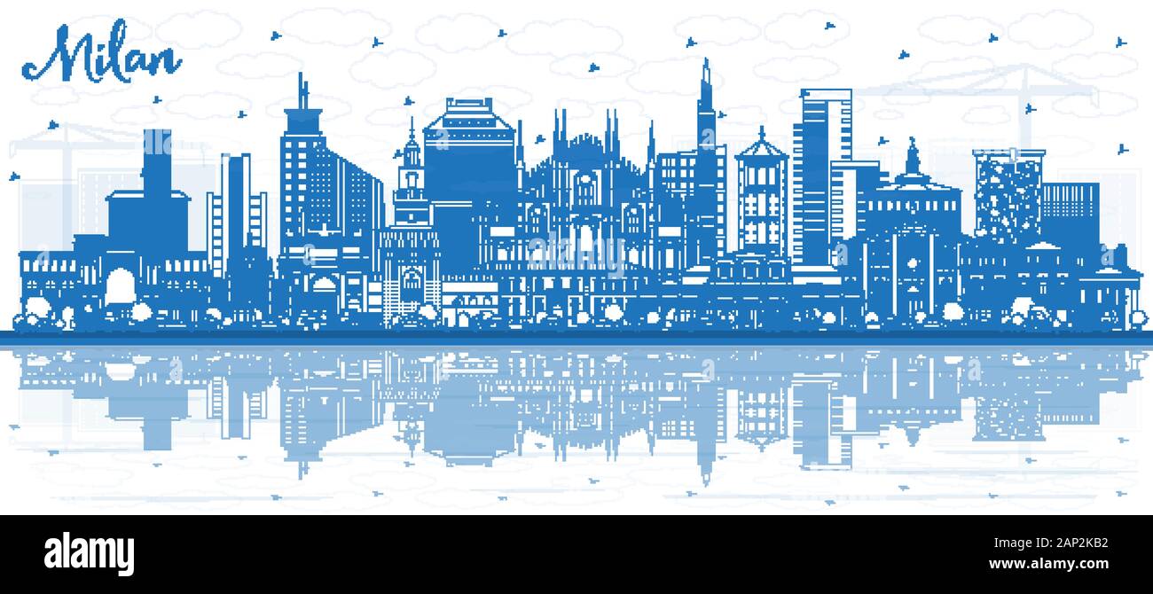 Umrisse Mailand Italien City Skyline mit blauen Gebäuden und Reflexionen. Vektorgrafiken. Business Travel and Tourism Konzept. Stock Vektor