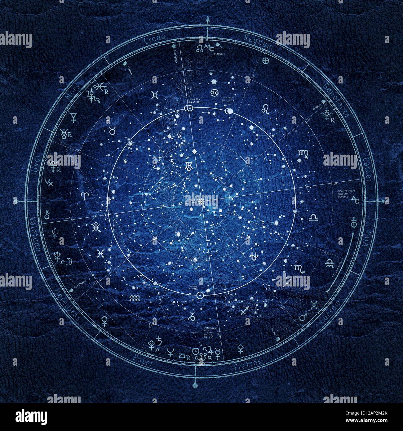 Astrologische Himmelskörper Karte der nördlichen Hemisphäre. Die allgemeine globale Universal Horoskop am 1. Januar 2020. Detaillierte Night Sky Chart. Stockfoto