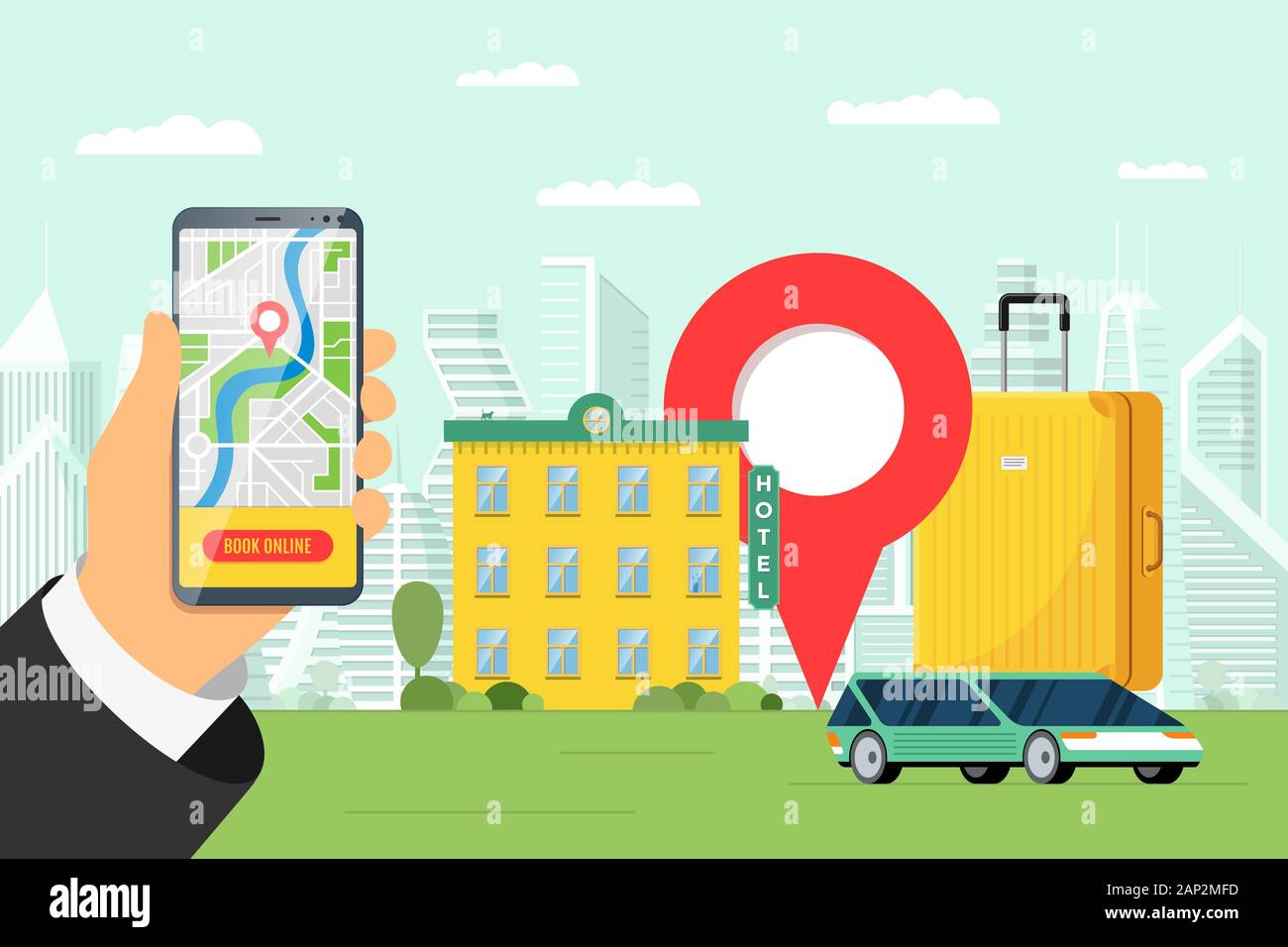 Hotel Buchung und Car Sharing Online-Service für Urlaub Tourismus Konzept. Reise Wohnung und Transport mobile Reservierung. Motel Gepäckkoffer und Standort Pin auf Smartphone Vektor-Illustration Stock Vektor