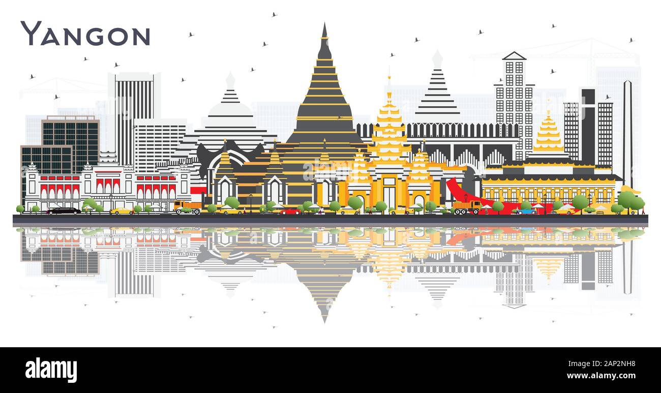 Yangon Myanmar City Skyline mit grauen Gebäuden und Reflexionen Isoliert auf Weiß. Vektorgrafiken. Stock Vektor