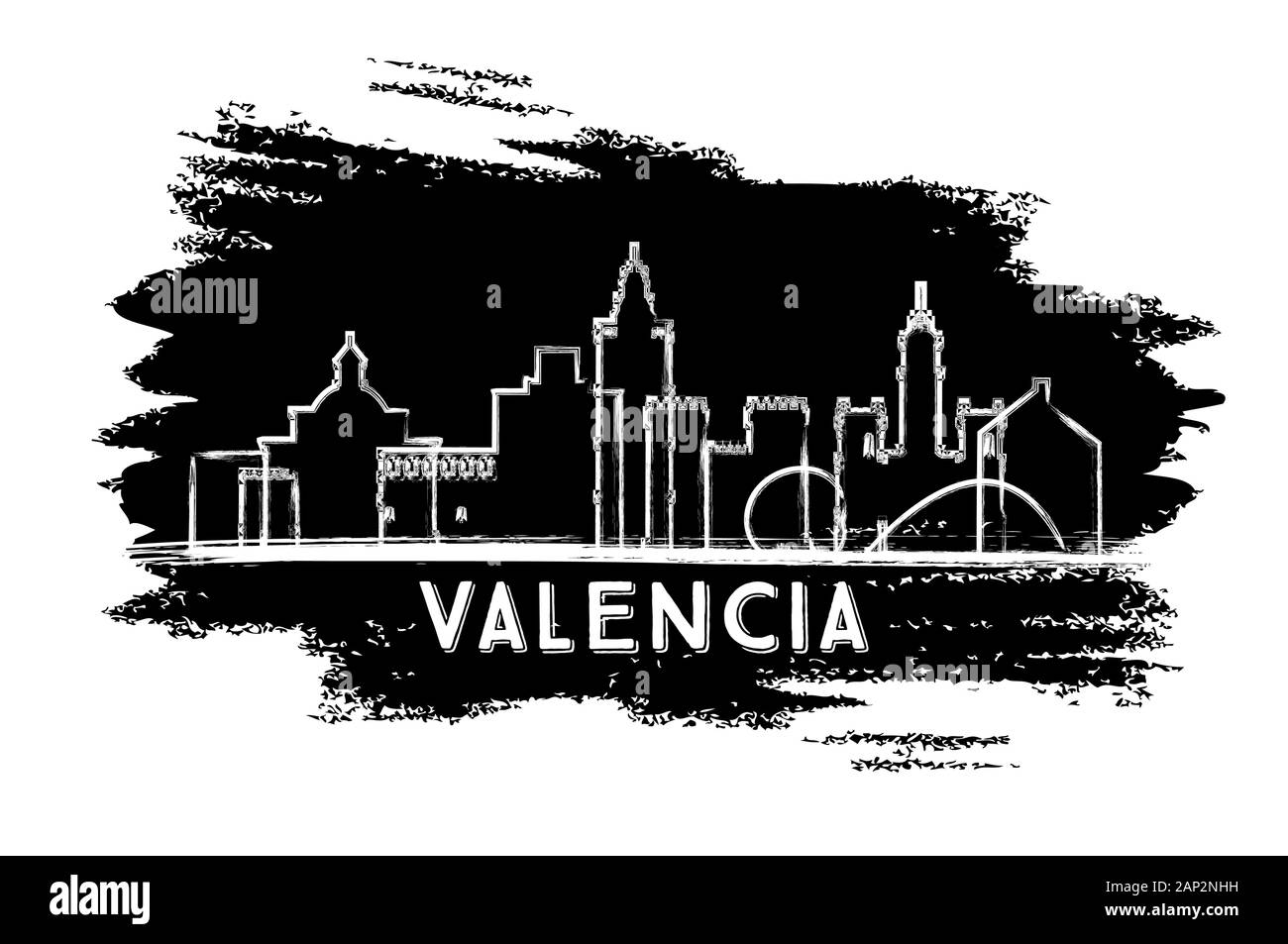 Valencia Spanien City Skyline Silhouette. Handgezeichnete Skizze. Vektorgrafiken. Business Travel and Tourism Concept mit Historischer Architektur. Stock Vektor