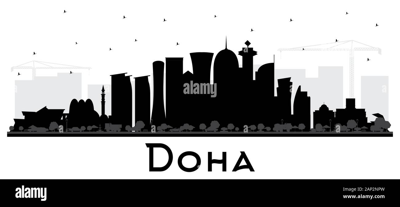 Skyline Silhouette der Stadt von Doha in Katar mit schwarzen Gebäuden, Isoliert auf Weiß. Vektorgrafiken. Stock Vektor