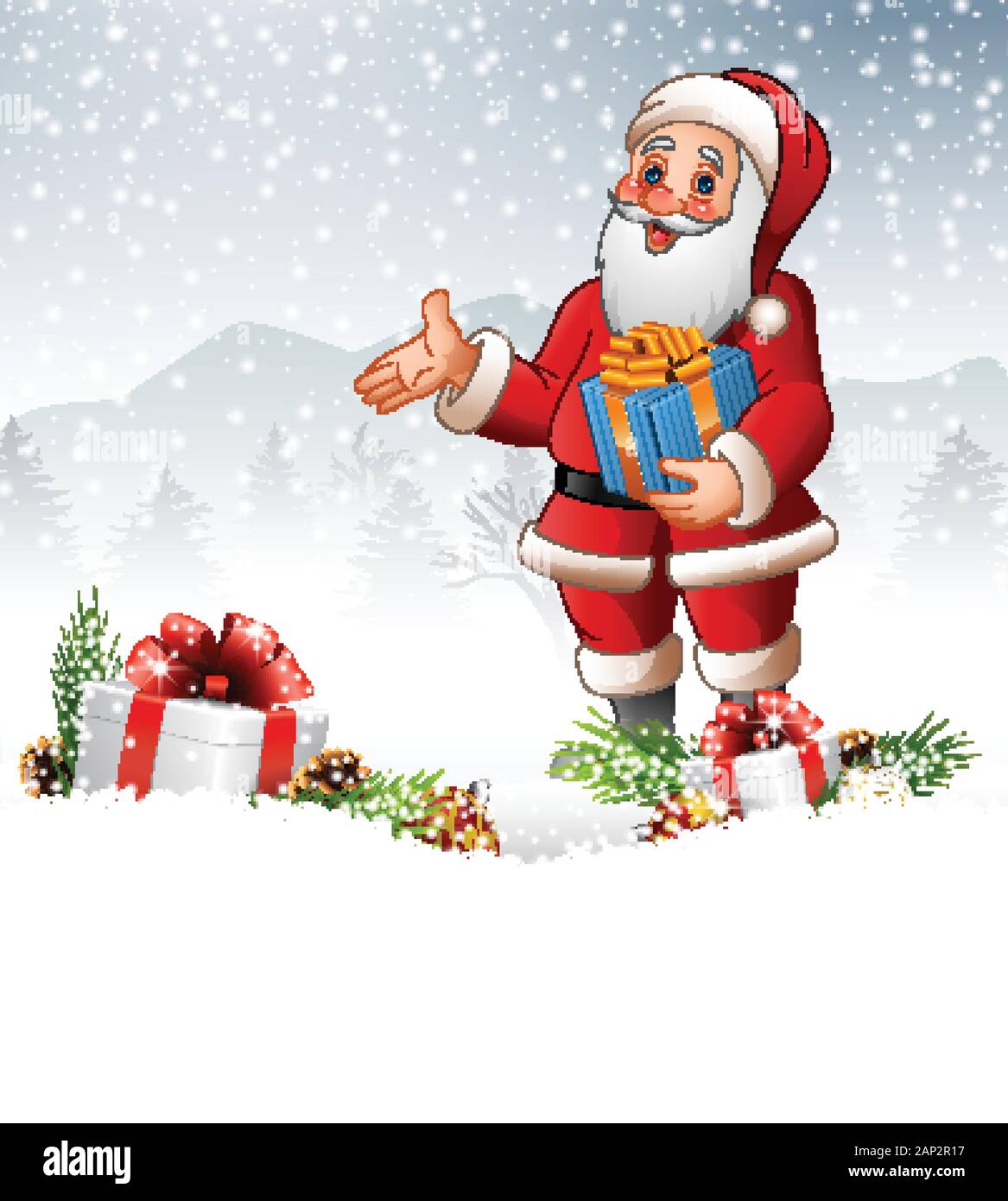 Cartoon Santa Claus Holding eine Geschenkverpackung Stock Vektor