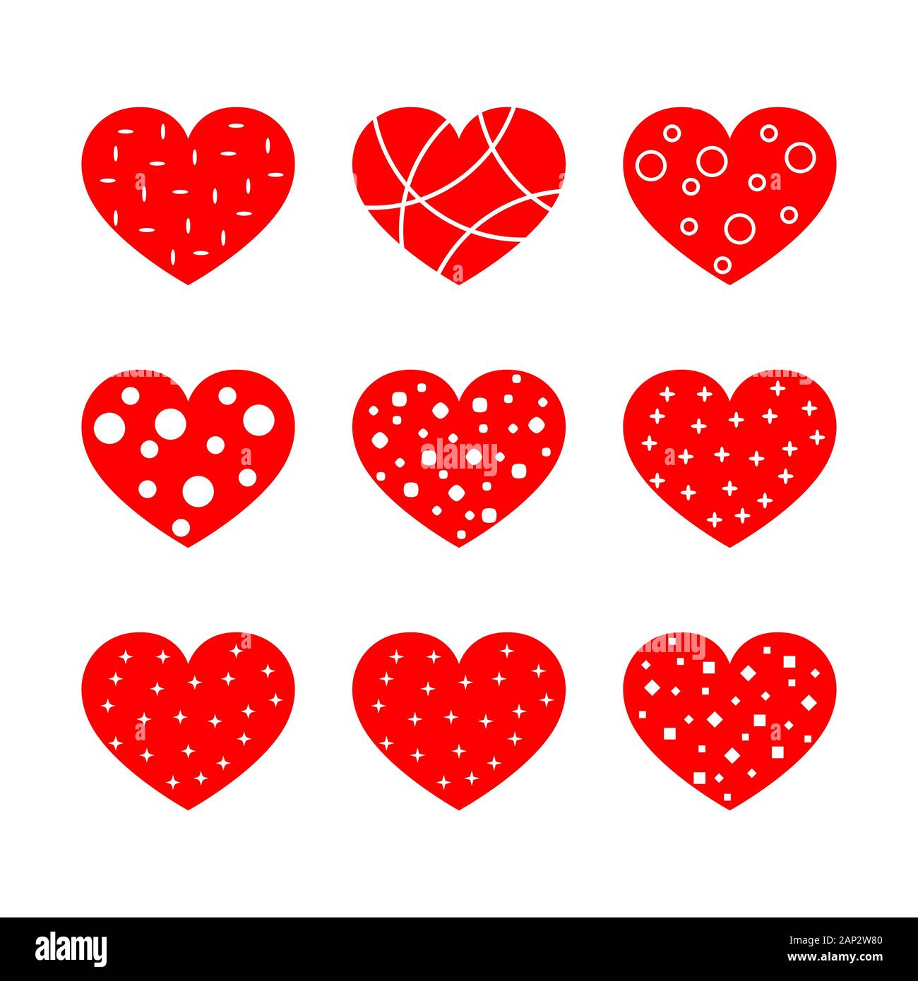 Eingestellt von roten Herzen für den Valentinstag. Neun Herzen auf weißem Hintergrund in flacher Ausführung. Vector Illustration. Stock Vektor