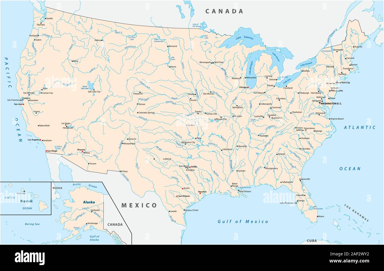 Karte der Vereinigten Staaten mit großen Städte, Flüsse und Seen. Stock Vektor