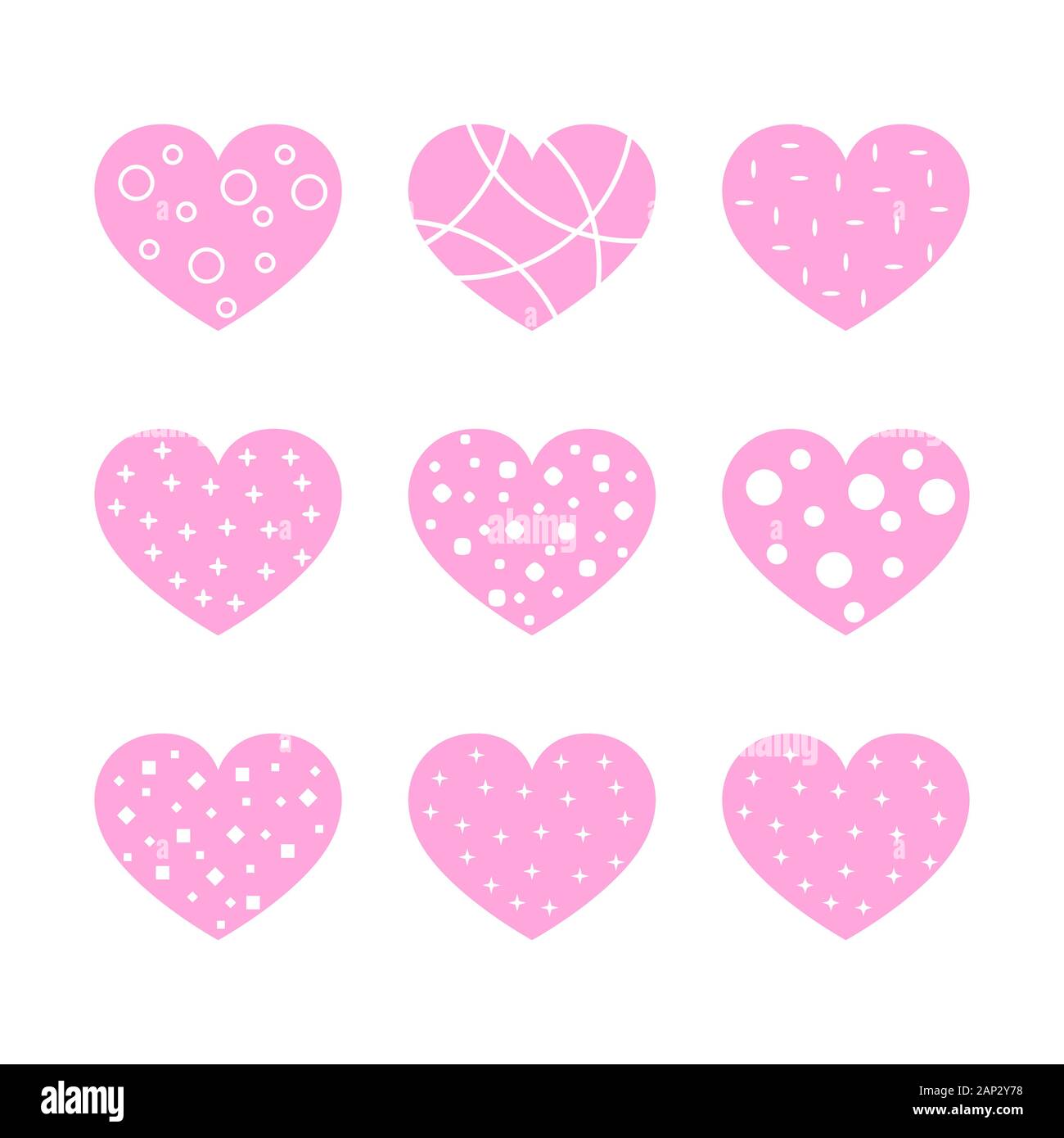 Satz von rosa Herzen für den Valentinstag. Neun Herzen auf weißem Hintergrund in flacher Ausführung. Vector Illustration. Stock Vektor