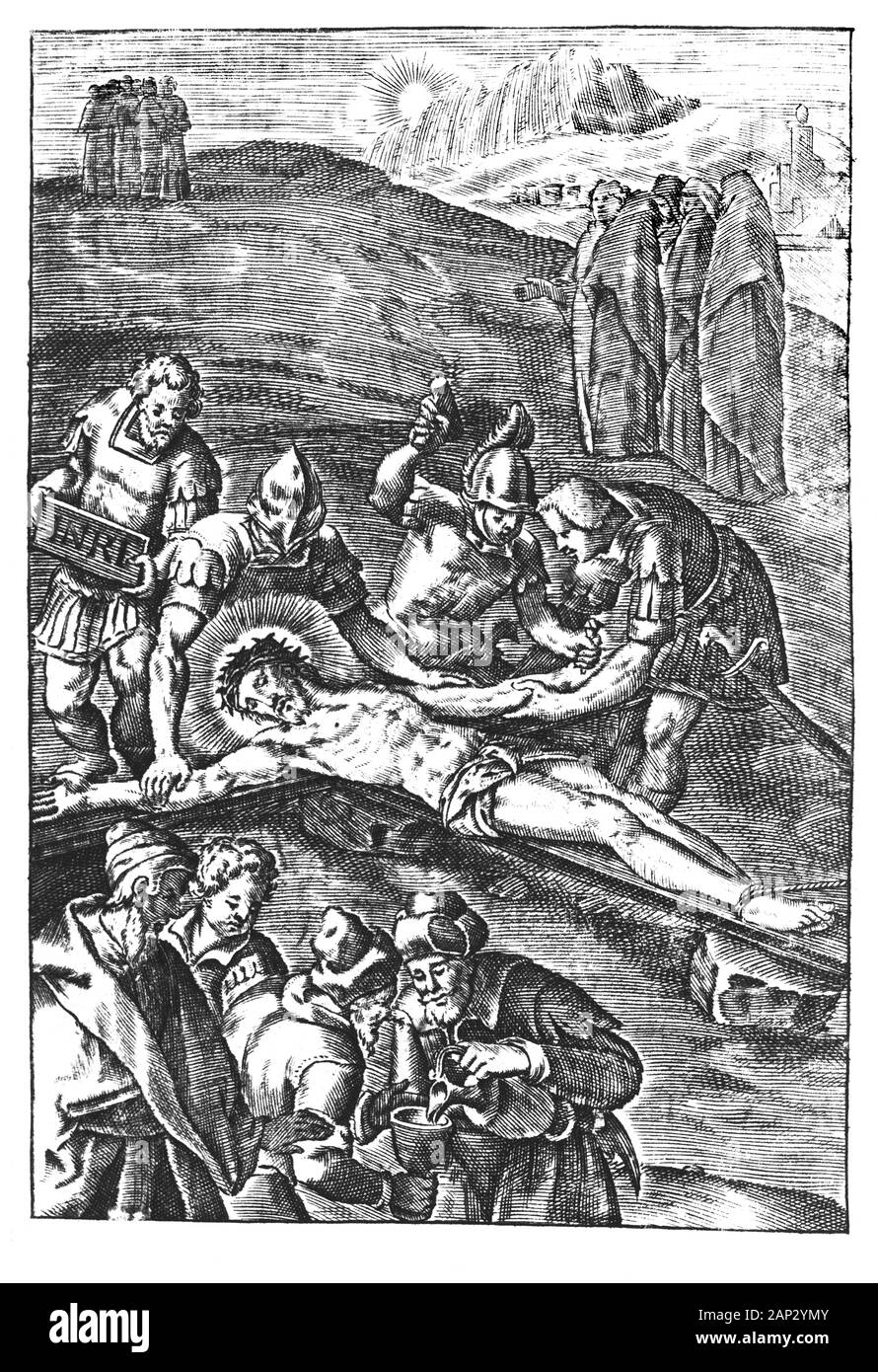 Antique vintage religiösen allegorische Gravur oder Zeichnung des christlichen Jesus gekreuzigt oder Kreuzigung oder hölzernen Kreuz von römischen Soldaten genagelt. Abbildung aus Buch sterben Betrubte und noch Ihrem beliebten..., Österreich, 1716. Artist ist unbekannt. Stockfoto