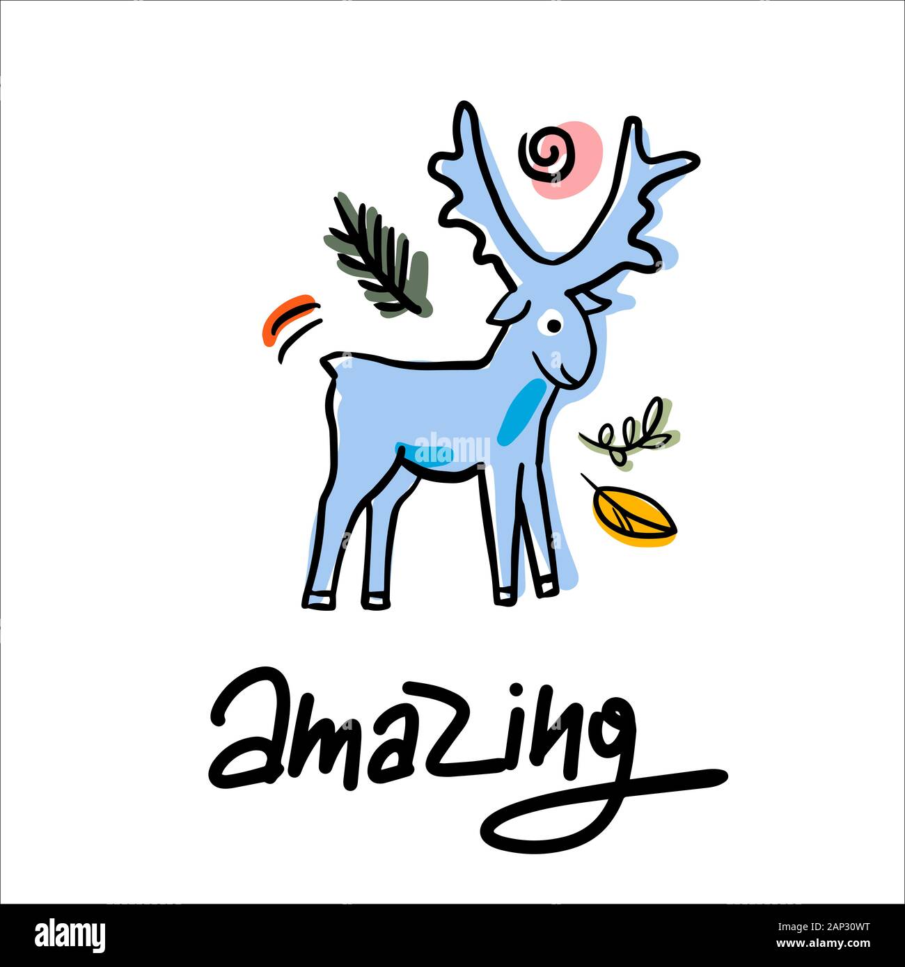 Lustige blaue Elch Vector Illustration. Erstaunliche Hand gezeichnet mit der Eingabe. Einladung Karren, Postkarte, Logos, druckt. Stock Vektor