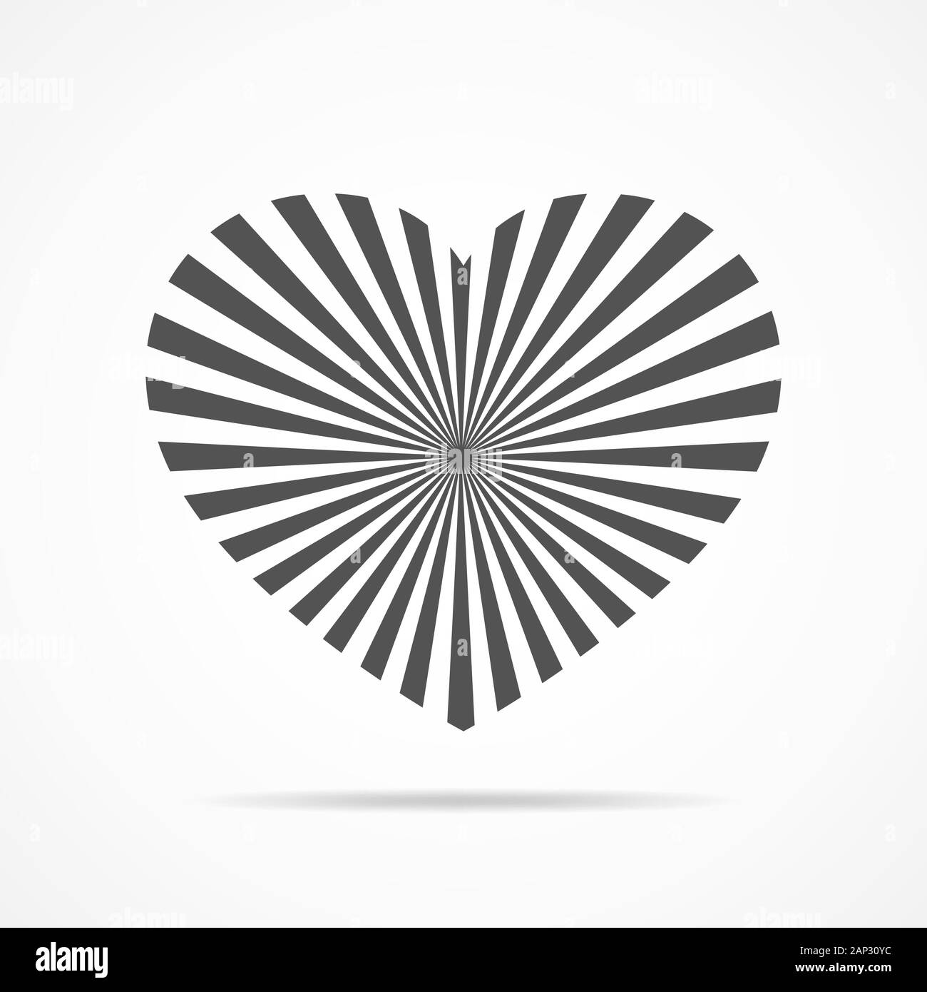 Grau Herz für den Valentinstag. Abstraktes Herz mit Sonnenstrahlen, auf weißem Hintergrund in flacher Ausführung. Vector Illustration. Stock Vektor