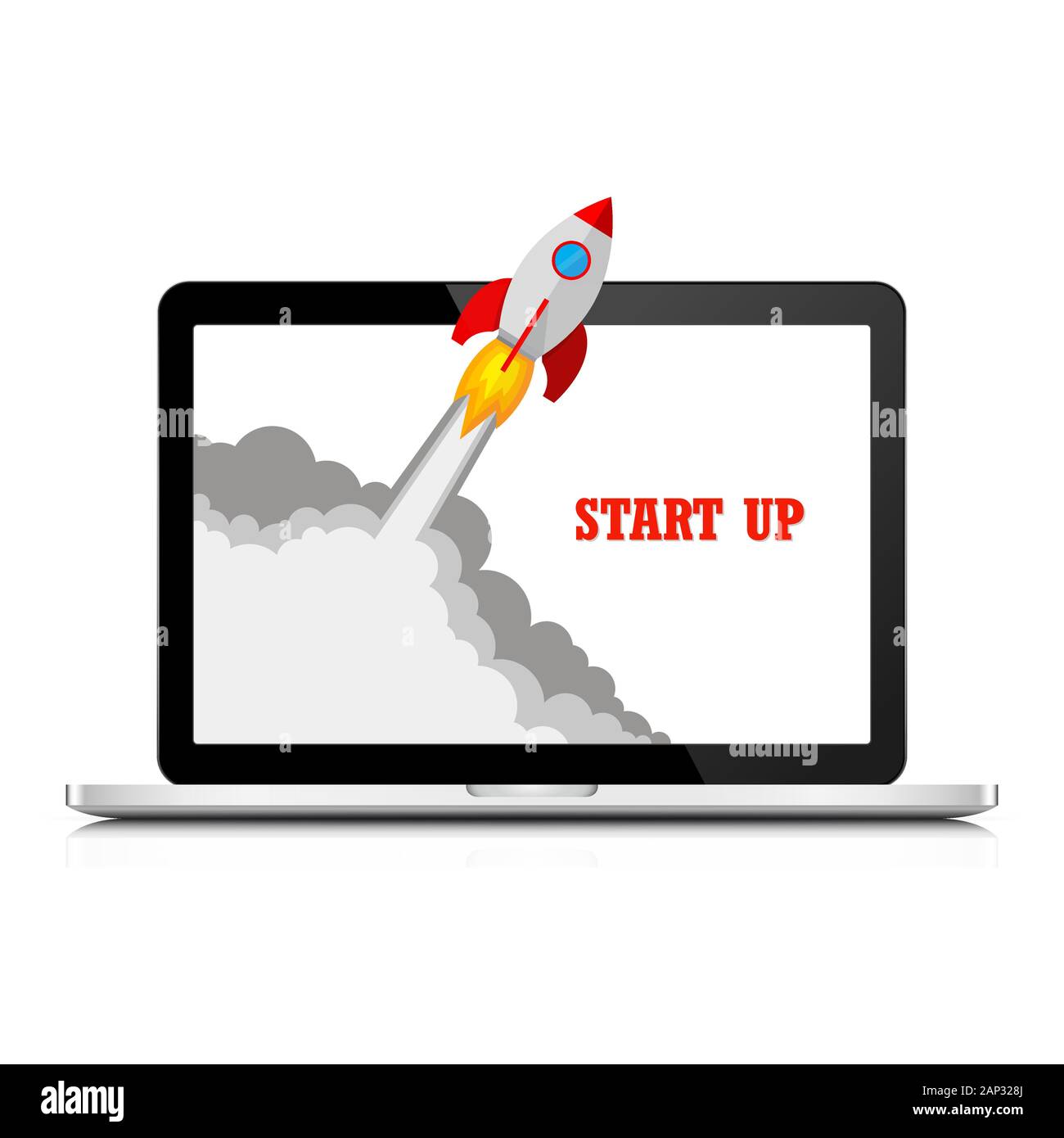 Das Raumschiff stürzt außerhalb Laptop-bildschirm. Vector Illustration. Konzept der Business Start-up. Stock Vektor
