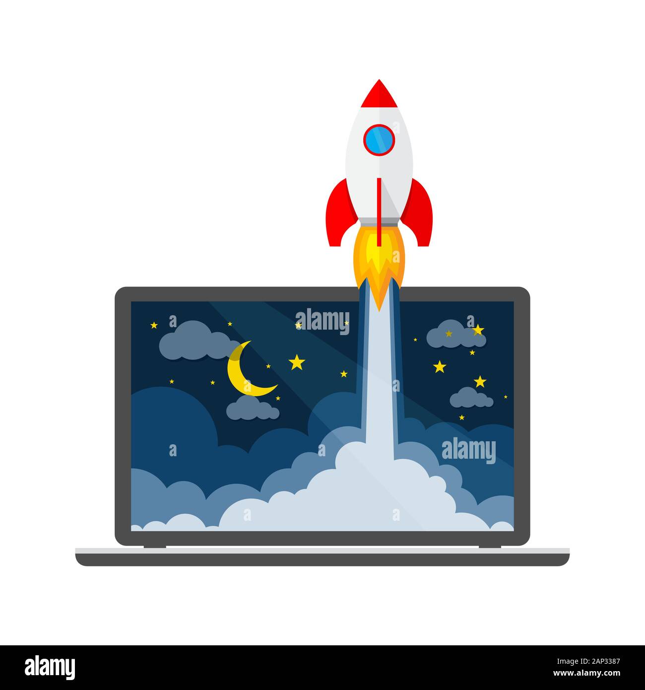 Das Raumschiff stürzt außerhalb Laptop-bildschirm. Vector Illustration. Konzept der Business Start-up. Stock Vektor