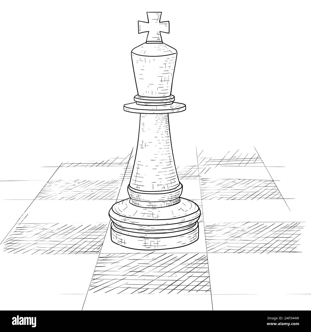 Der König Schach Stück auf einem Schachbrett. Hand Skizze gezeichnet Stock Vektor