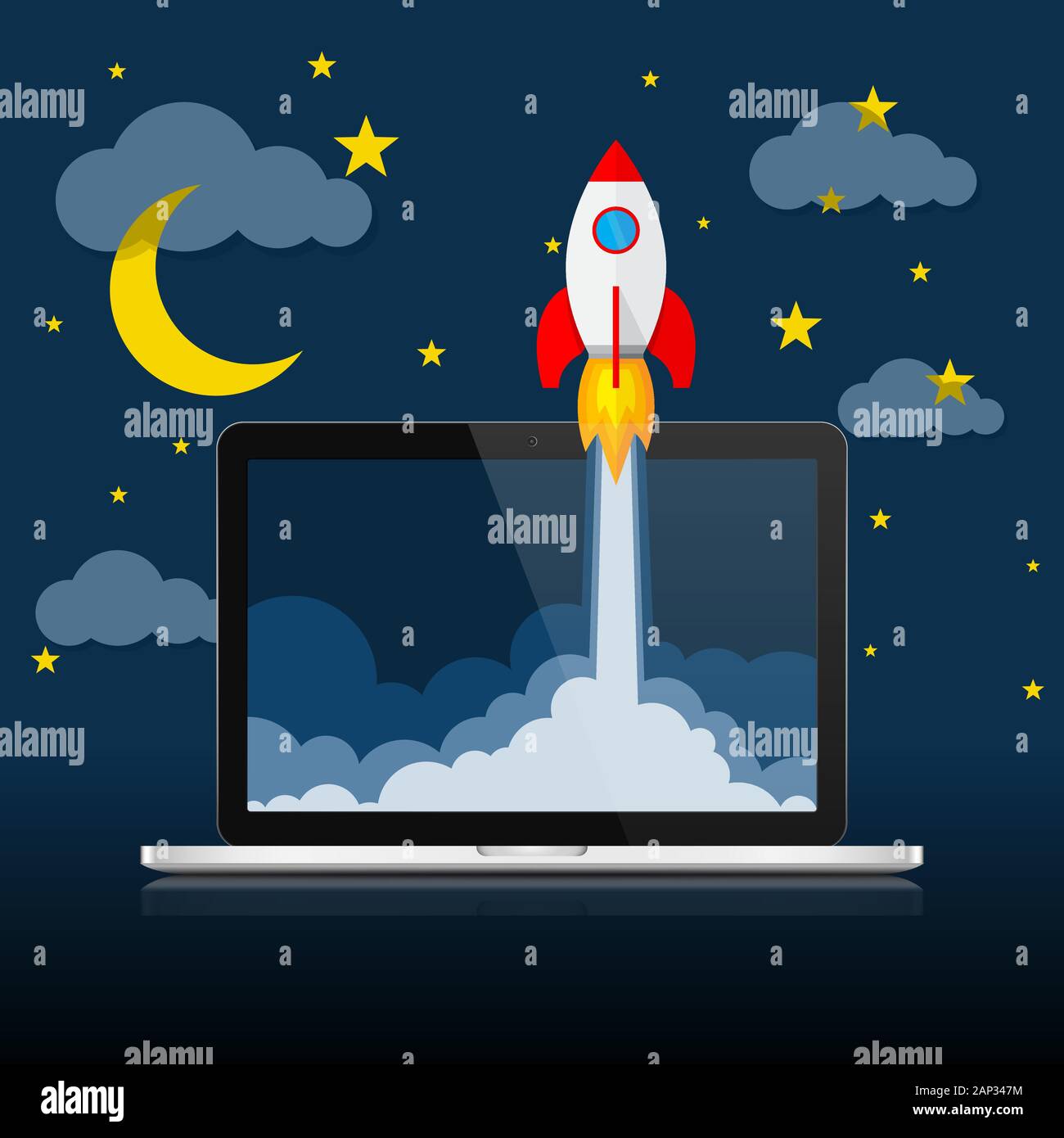 Das Raumschiff stürzt außerhalb Laptop-bildschirm. Vector Illustration. Konzept der Business Start-up. Stock Vektor