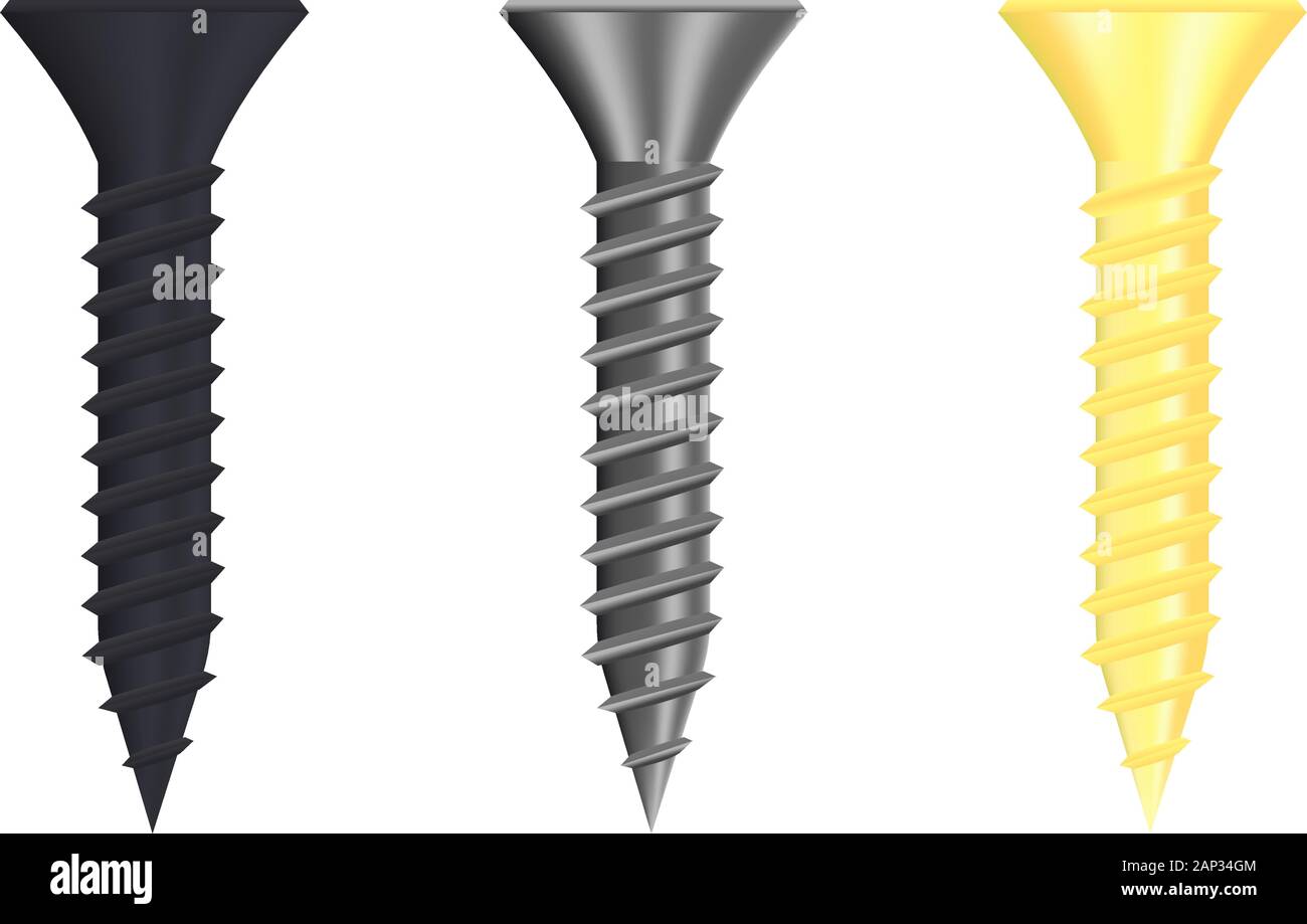 Satz Schrauben. Schwarz Metall, Eisen und Zink schrauben Stock Vektor