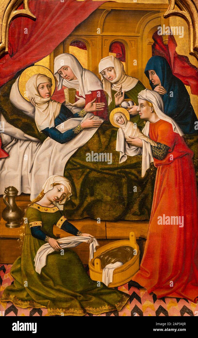 Die Geburt der Jungfrau Maria 1445. Malerei auf Tanne. Vom Meister der Burg Lichtenstein. Stockfoto