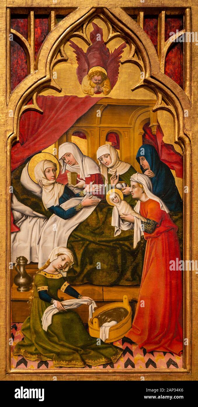 Die Geburt der Jungfrau Maria 1445. Malerei auf Tanne. Vom Meister der Burg Lichtenstein. Stockfoto