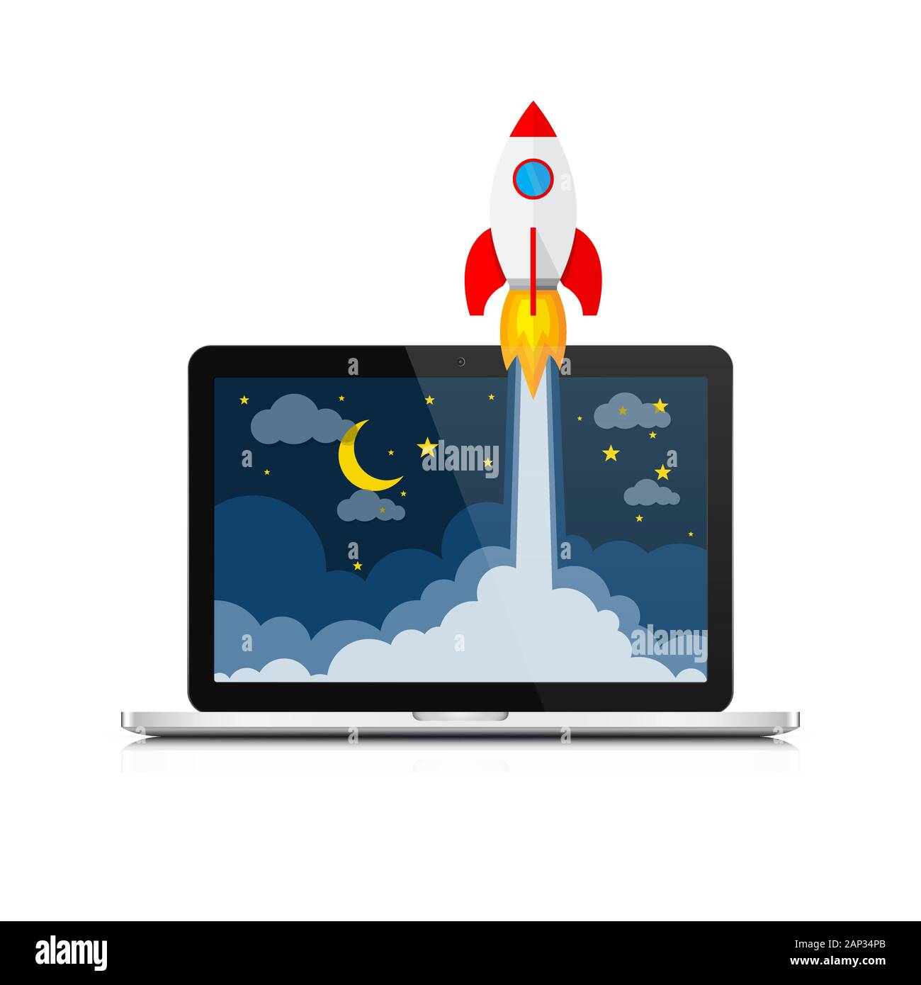 Das Raumschiff stürzt außerhalb Laptop-bildschirm. Vector Illustration. Konzept der Business Start-up. Stock Vektor