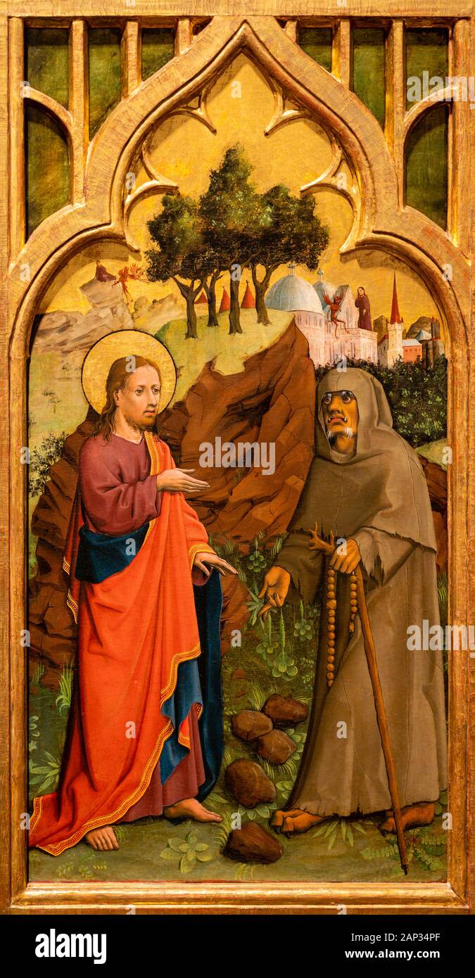 Die Versuchung Christi 1445. Malerei auf Tanne. Vom Meister der Burg Lichtenstein. Stockfoto