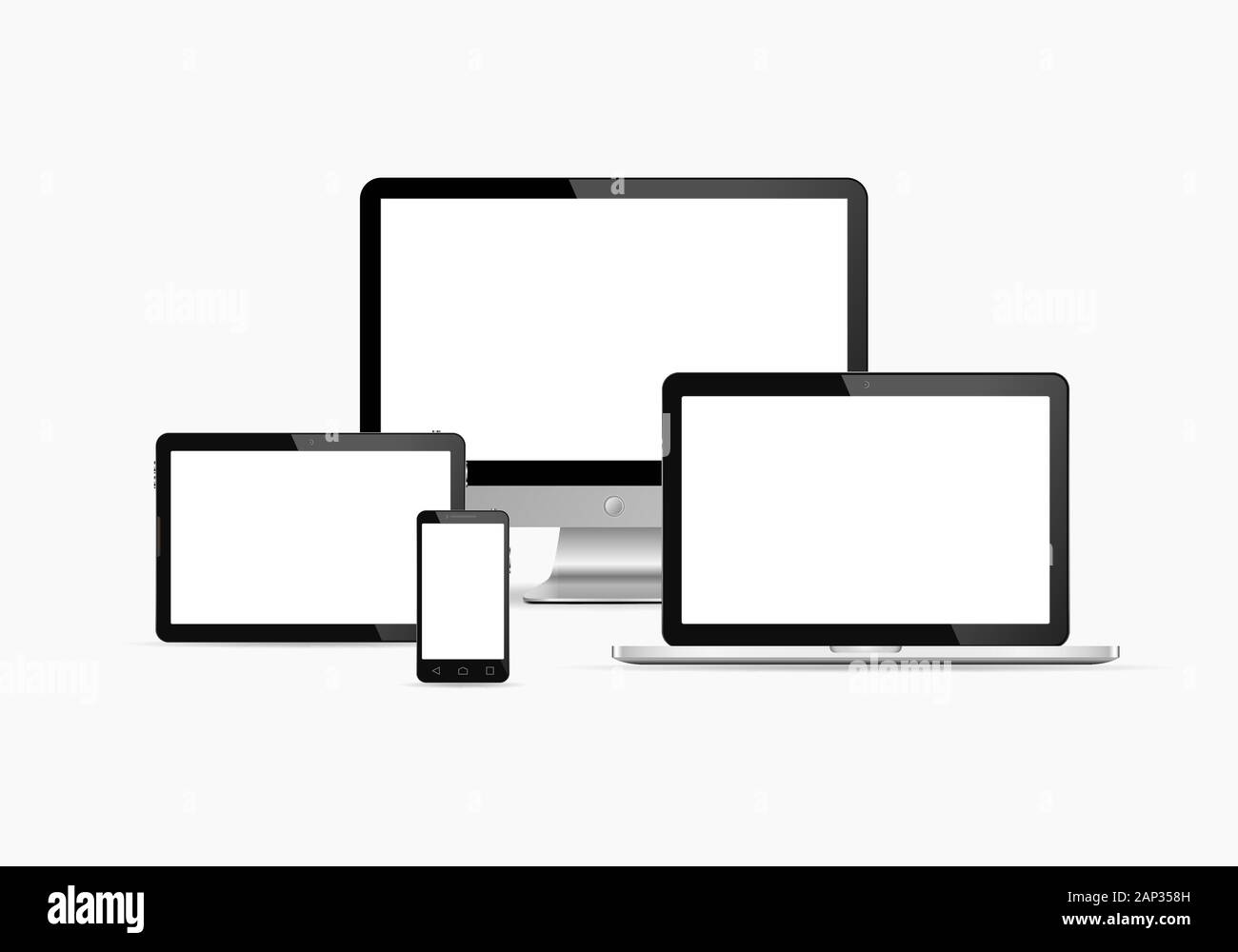 Elektronische Geräte mit weißer Bildschirm. Vector Illustration. Einstellen des Monitors, Tablet PC, Smartphone und Laptop. Stock Vektor