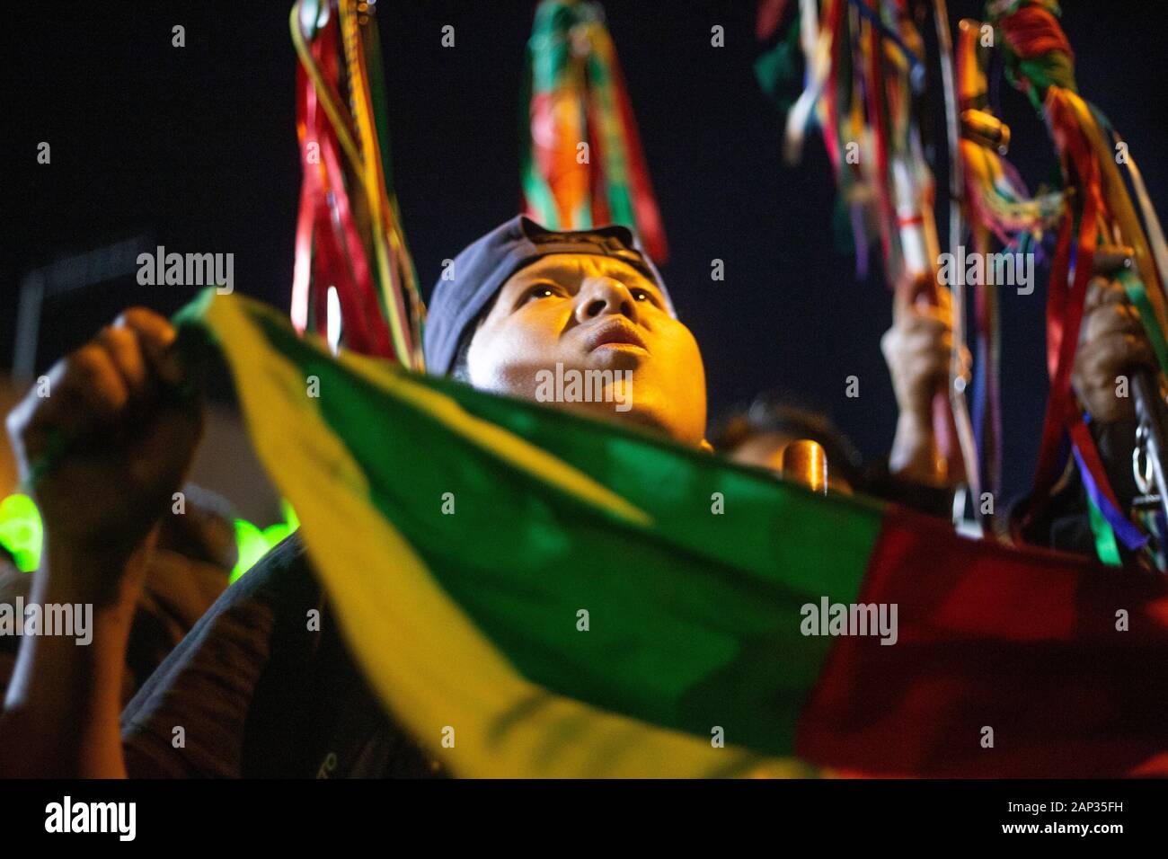 Eine indigene Cauca mann Unterstützung der kolumbianischen nationalen Streik Stockfoto