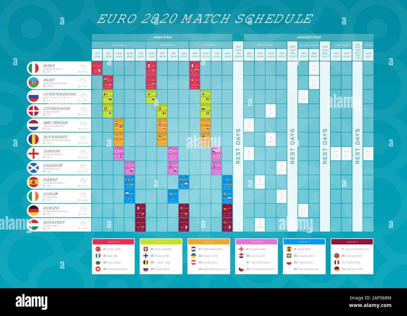 Spielplan der Fußball-EM 2020 mit Fahnen. Euro 2020-Zeitplan für Web und Print - hochwertige Vektorgrafiken. Stock Vektor