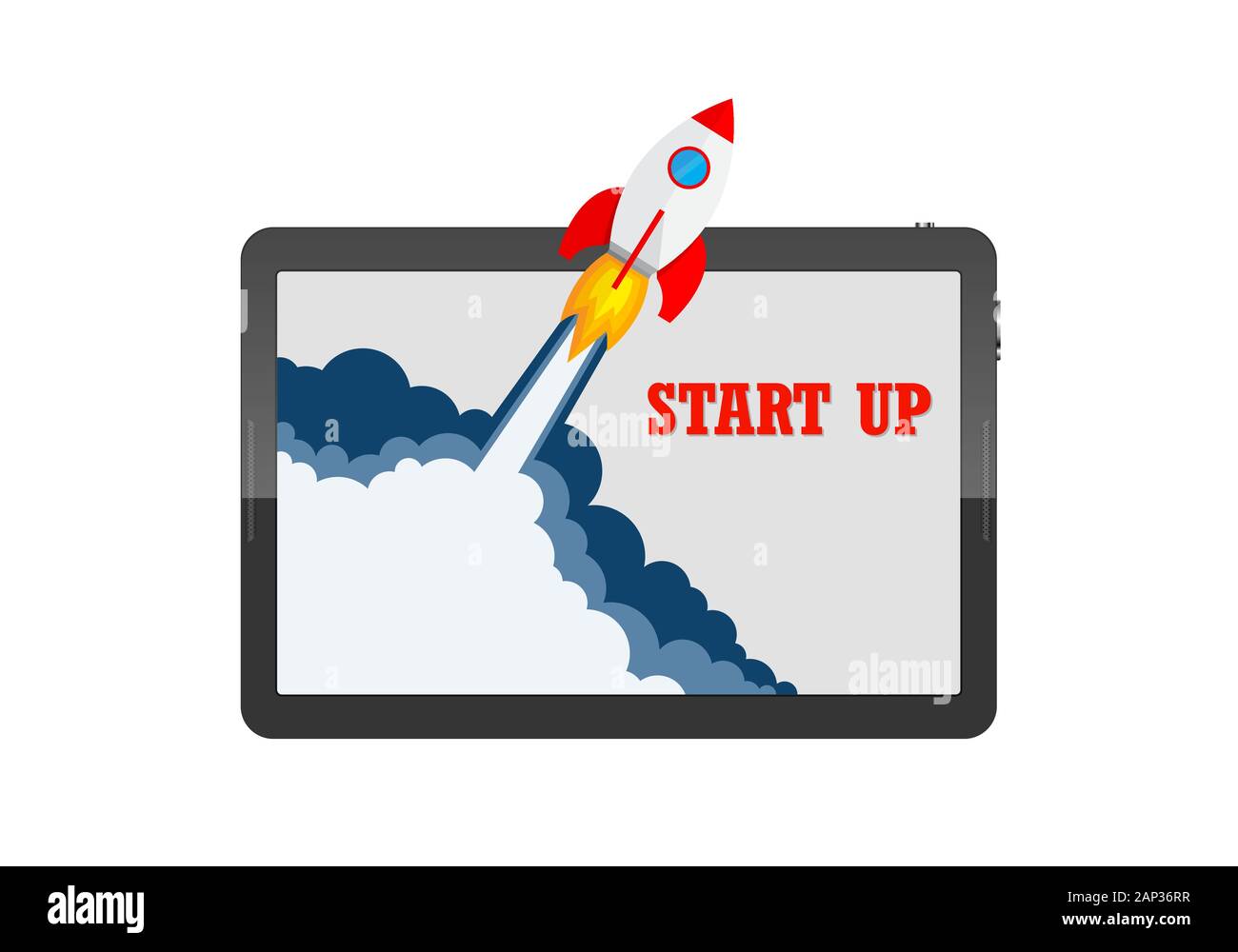 Das Raumschiff stürzt außerhalb tablet Bildschirm. Vector Illustration. Konzept der Business Start-up. Stock Vektor