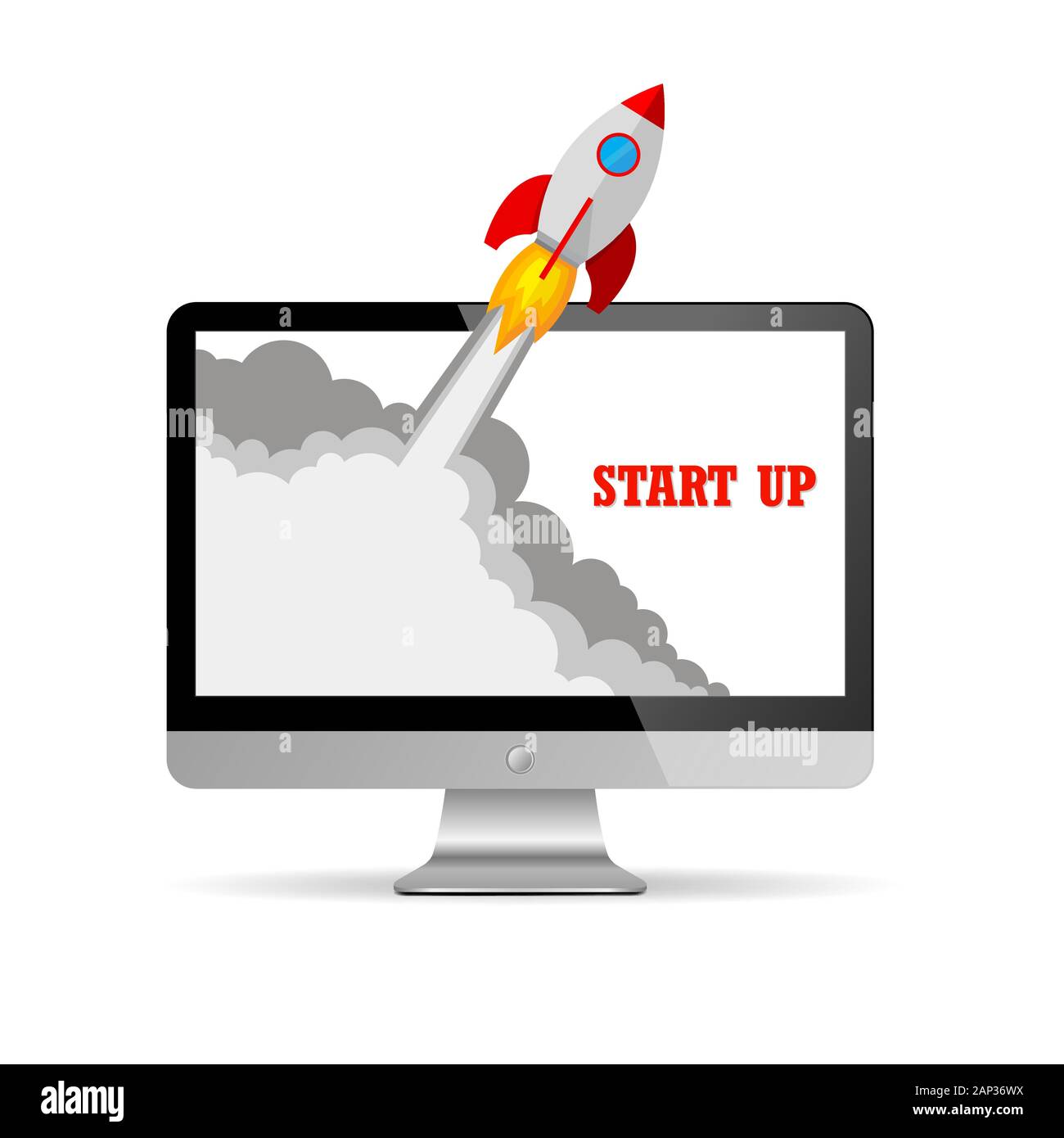 Das Raumschiff stürzt außerhalb Monitor. Vector Illustration. Konzept der Business Start-up. Stock Vektor