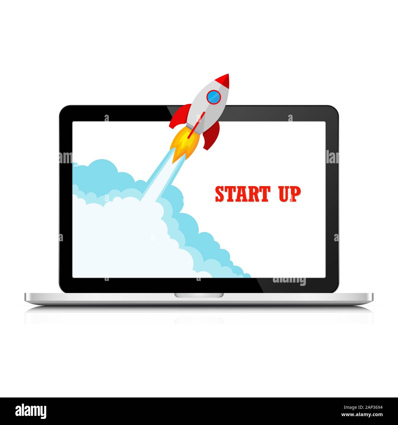 Das Raumschiff stürzt außerhalb Laptop-bildschirm. Vector Illustration. Konzept der Business Start-up. Stock Vektor