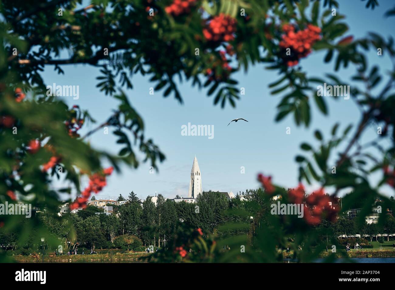 Malerischer Blick auf den Weißen Turm und Landschaft durch Zweige der vogelbeere Baum im Sommer Stockfoto