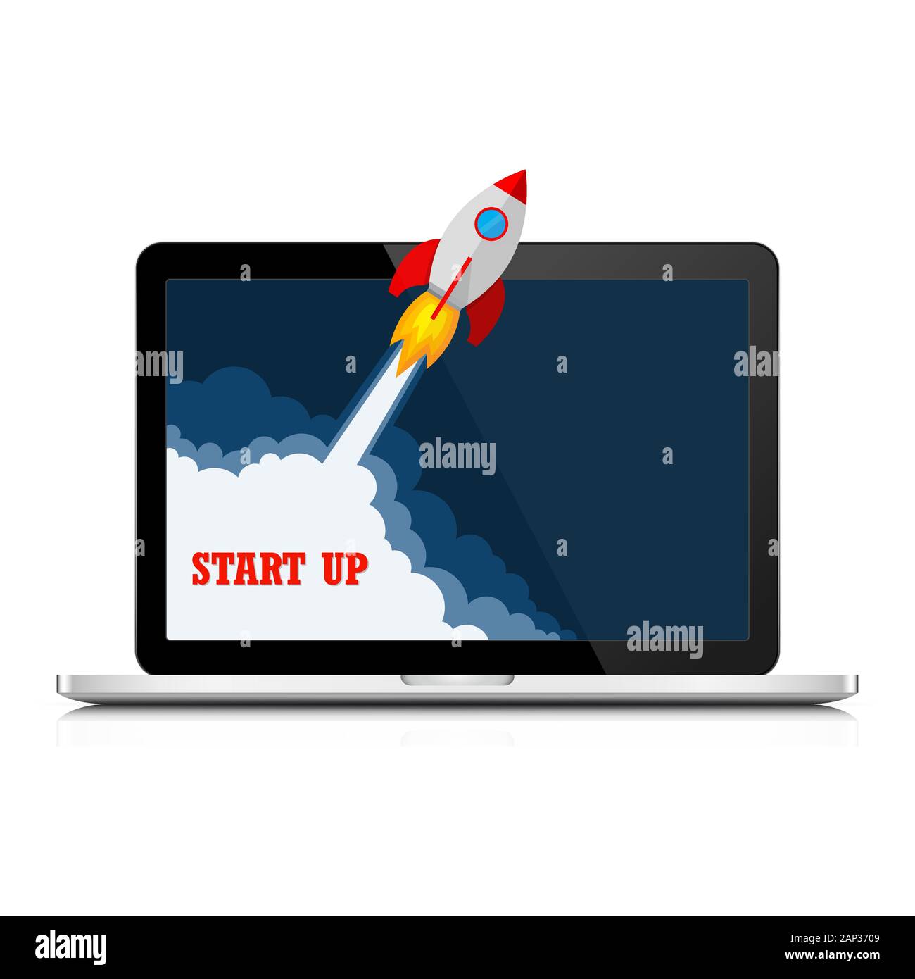 Das Raumschiff stürzt außerhalb Laptop-bildschirm. Vector Illustration. Konzept der Business Start-up. Stock Vektor
