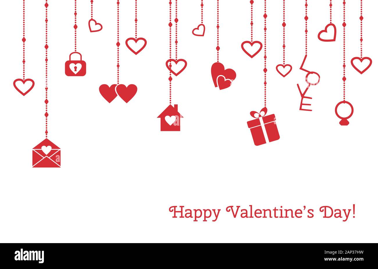 Grußkarte für Valentines Tag mit hängenden Herzen, Geschenke Stock Vektor