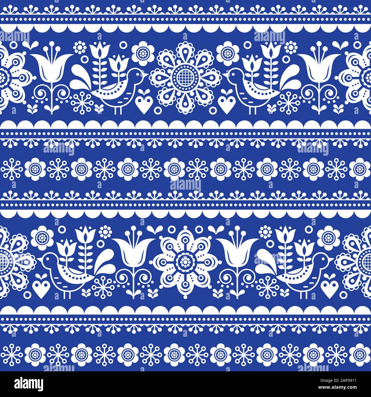 Skandinavische nahtlose Vektor Muster mit Blumen und Vögeln, Nordic olk Kunst sich wiederholende weiß Ornament auf marine blau hintergrund Stock Vektor