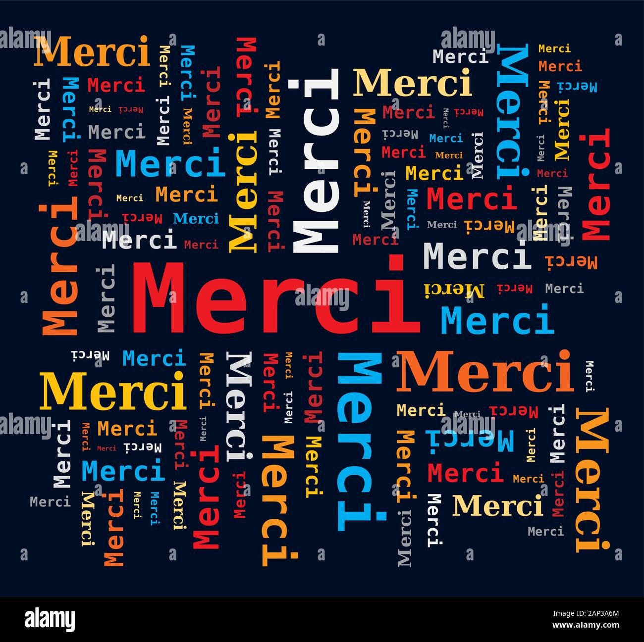 Word Cloud - Vielen Dank in französischer Sprache - Merci. Mehrfarbige Buchstaben und verschiedene Orientierungen Stock Vektor