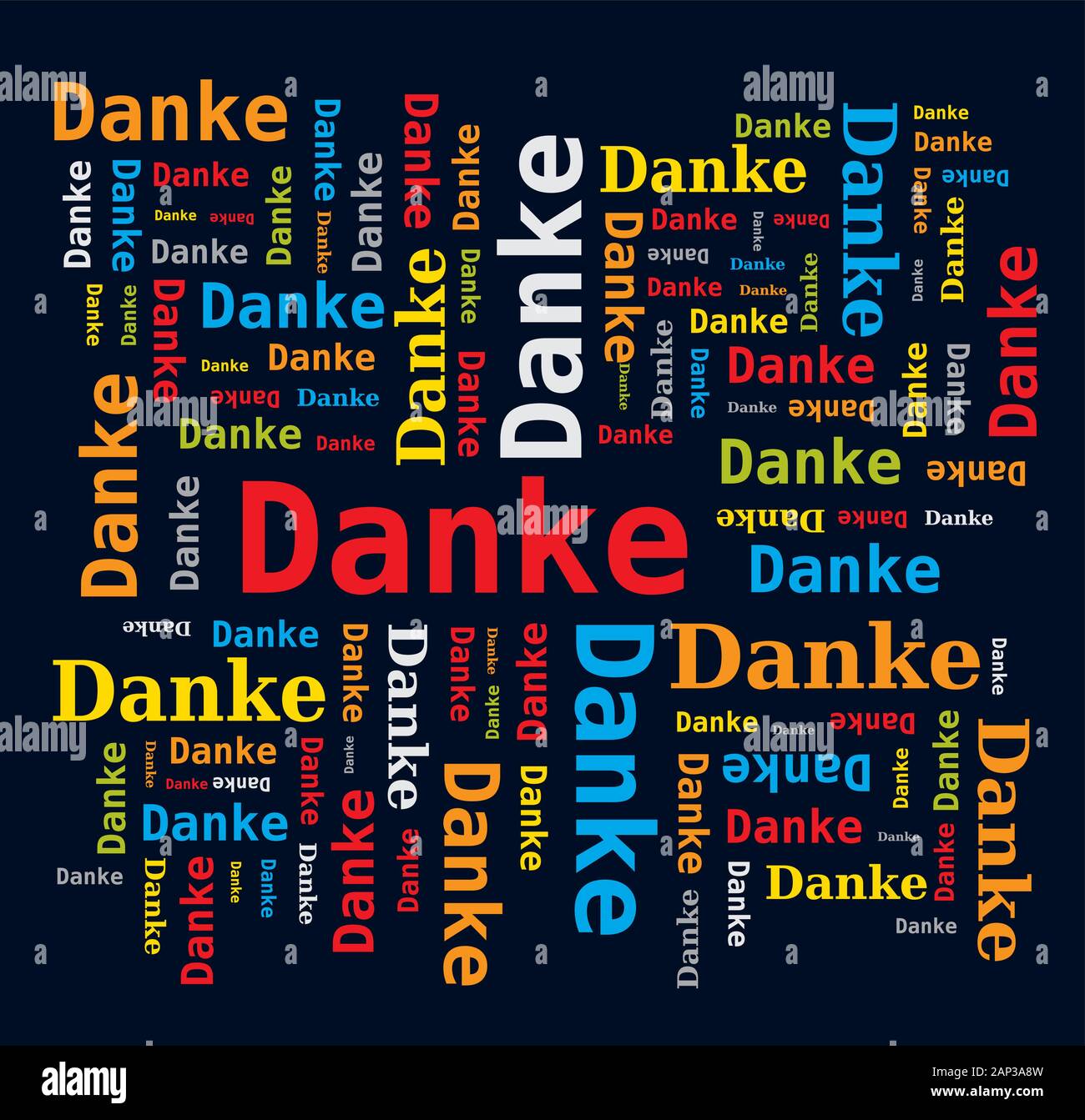 Word Cloud - Vielen Dank in deutscher Sprache - Merci. Mehrfarbige Buchstaben und verschiedene Orientierungen Stock Vektor