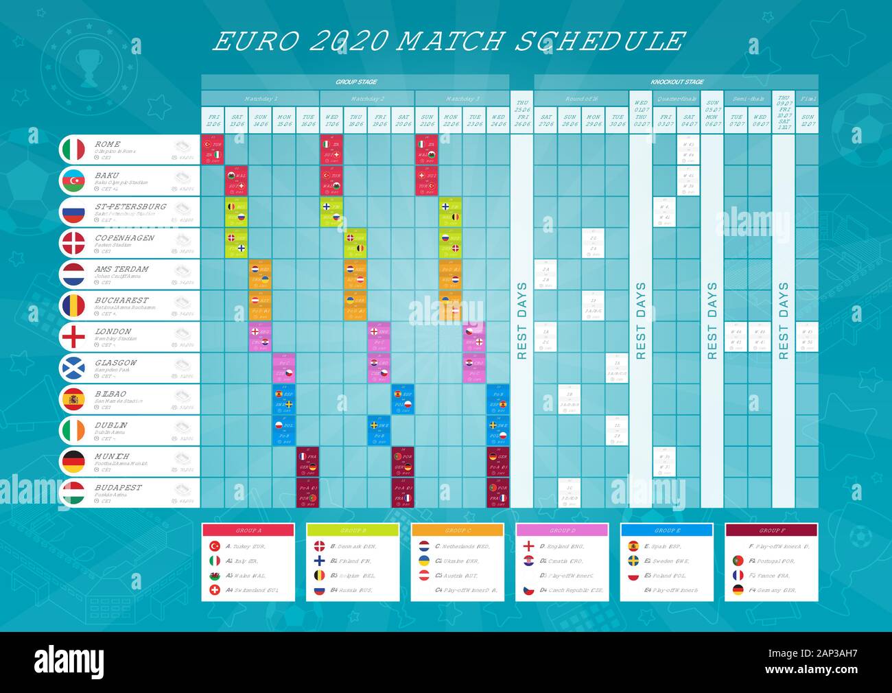 Euro 2020 Spielplan - Zeitplan für die Fußballmeisterschaft. Alle europäischen Teilnehmerländer - hochwertiger Vektor mit Flaggen für Druck und Web. Stock Vektor