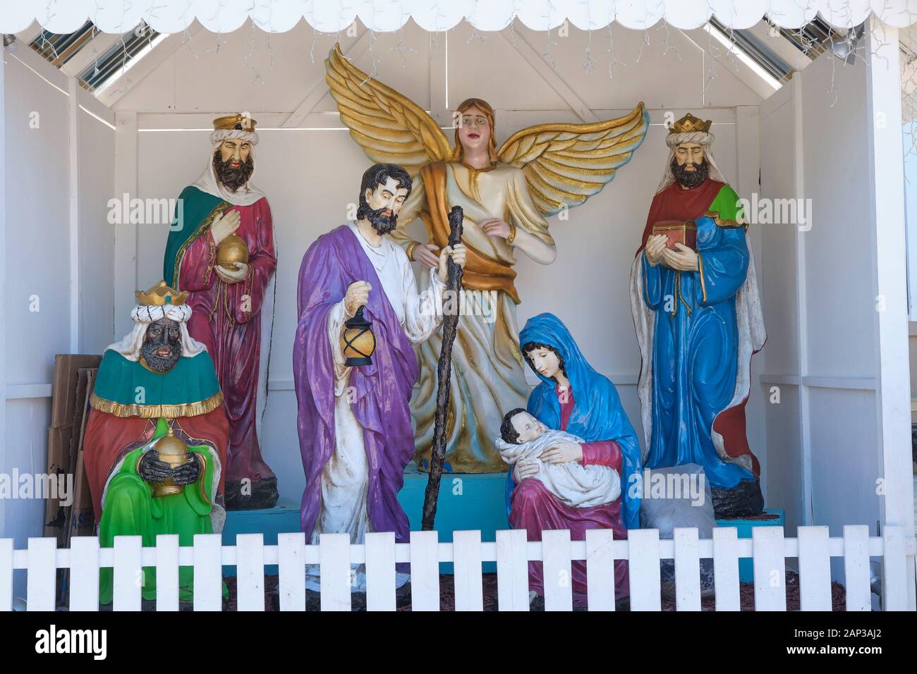 Eine schöne Krippe mit der Darstellung der Geburt Christi in der zentrale Platz in Puerto Plata Dominikanische Republik. Stockfoto