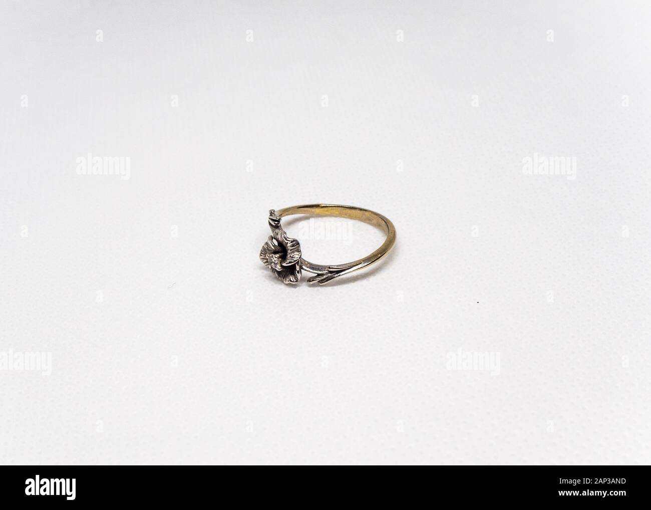 Ring mit Steinen, weiß gold grauer Hintergrund Stockfoto